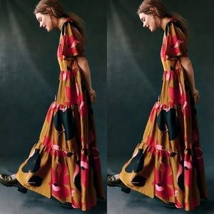 anthropologie corey lynn calter gianna tiered maxi dress m gold floral